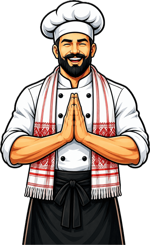 Smiling AVEN chef greeting with namaste and Assamese gamusa
